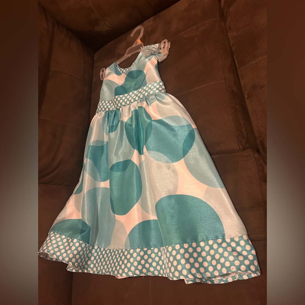 Girls Blue / White Polka Dot Bow Party Formal Dress 6X